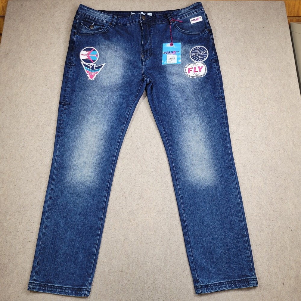 Born Fly Men's Jeans 42x32 Patches Streetwear Dark Stone Wash Straight NEW